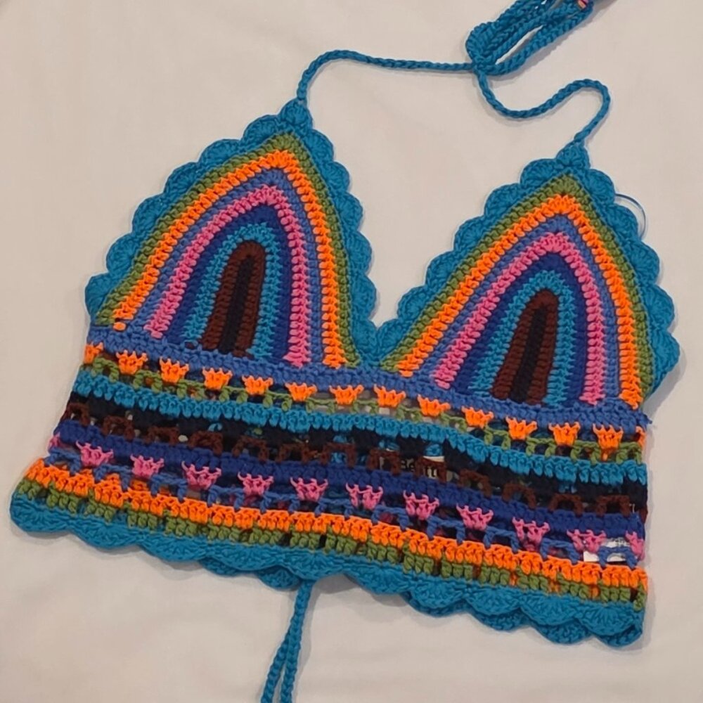 Bestto Boho Festival Crop Top Halter Bralette Size M L Rainbow Tassels - Picture 2 of 16